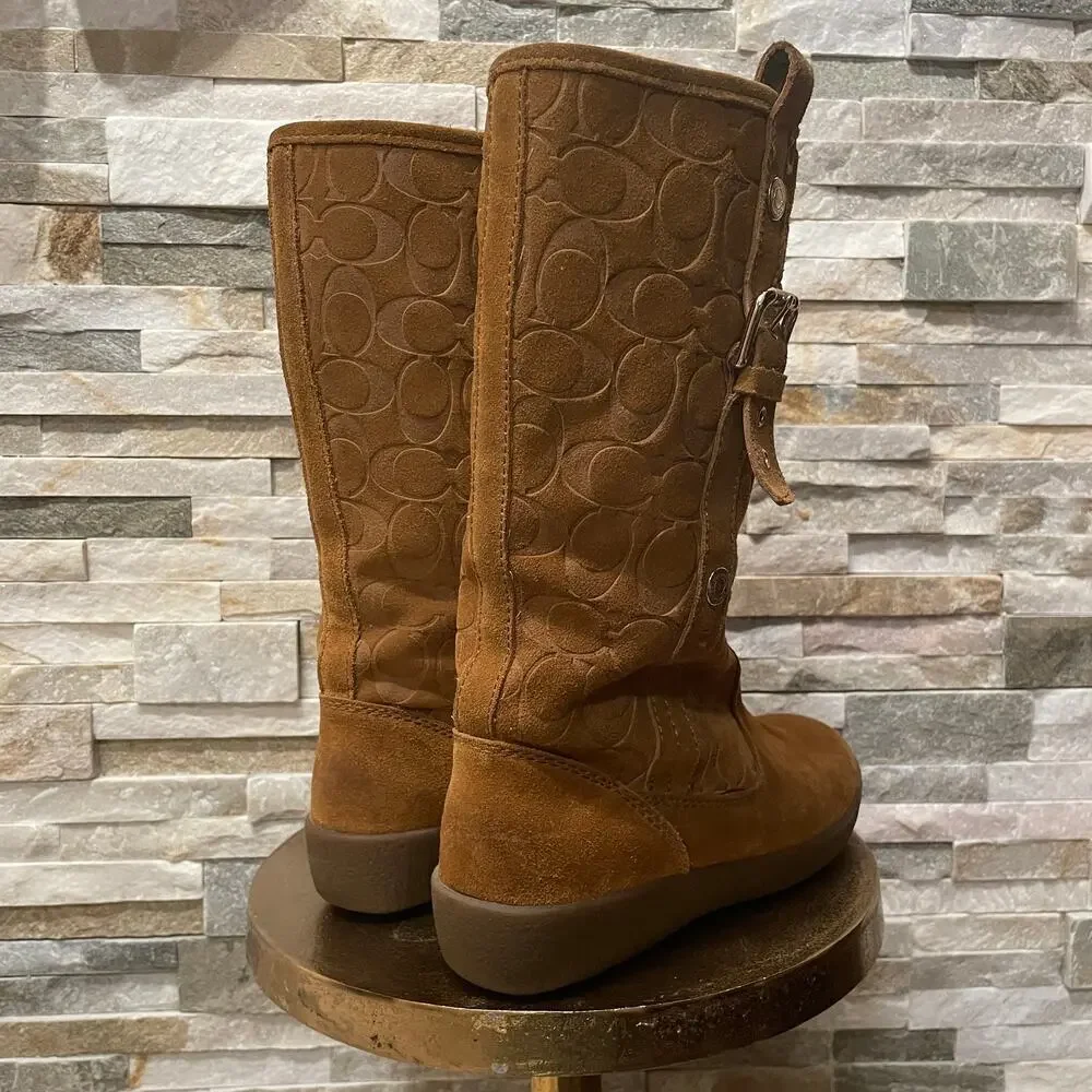 Coach Tulip Tullip Boots 8.5 | Honey Tan Suede Leather Fur, Signature C Embossed